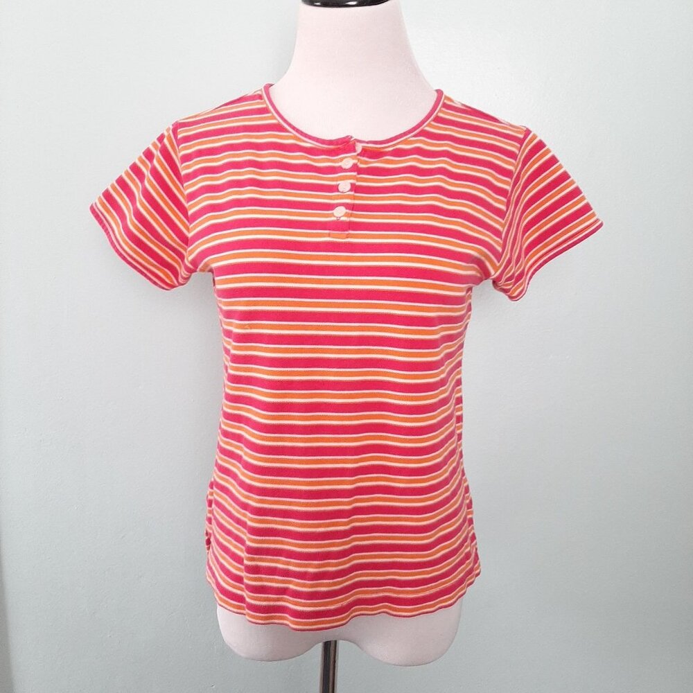 90s GAP Y2K Striped Knit T Henley Button Preppy Retro Y2K Orange Pink Cotton S/M - Picture 4 of 6